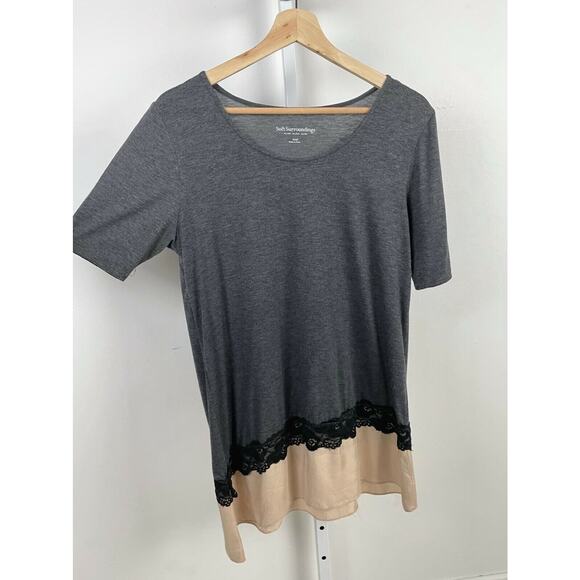 SOFT SURROUNDINGS  S Short Sleeve Knit Top Lace Satin Hem Mixed Media Shirt Gray - Picture 4 of 7